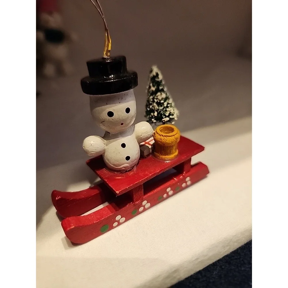 Vintage Wooden Christmas Ornaments Lot Hand‎ Painted Mice Snowman Angel 7pc